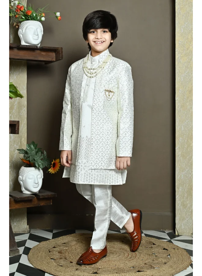 BT DEZINES Boys White Cotton Silk Kurta Pyjama Set