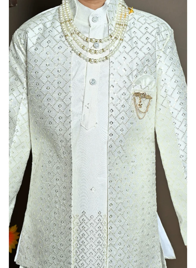 BT DEZINES Boys White Cotton Silk Kurta Pyjama Set