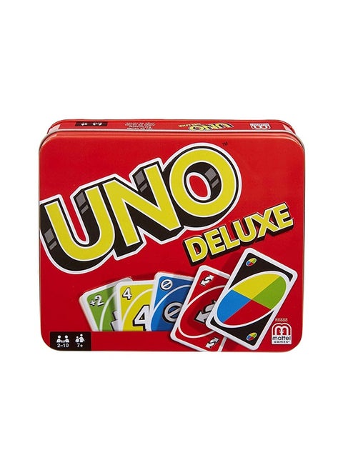 Original UNO Deluxe Classic Card Game - 112-Card Deck with Action Cards, Scoring Pad & Tin, for 2-10 Players, Ages 7+