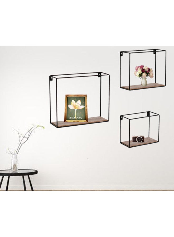 Feelings Feelings Metal Wire Square Shape Wall Shelves Set of 3 Pieces For Space Saving Home Décor Made of D5 metal in black powder coating, 3.8mm MDF+PVC Decorative Display Shelf for Bedroom, Bathroom  - Image 2