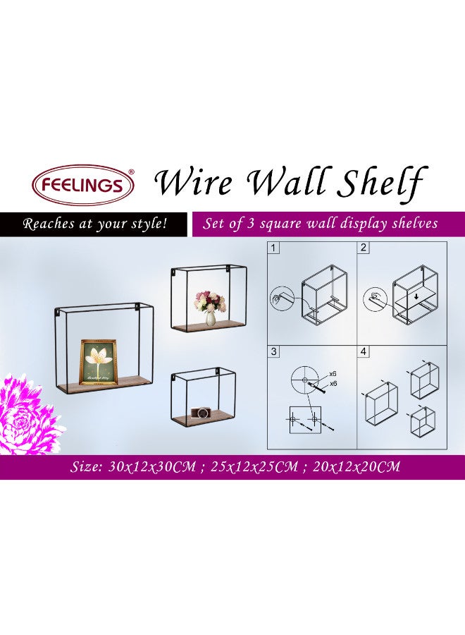 Feelings Feelings Metal Wire Square Shape Wall Shelves Set of 3 Pieces For Space Saving Home Décor Made of D5 metal in black powder coating, 3.8mm MDF+PVC Decorative Display Shelf for Bedroom, Bathroom  - Image 4