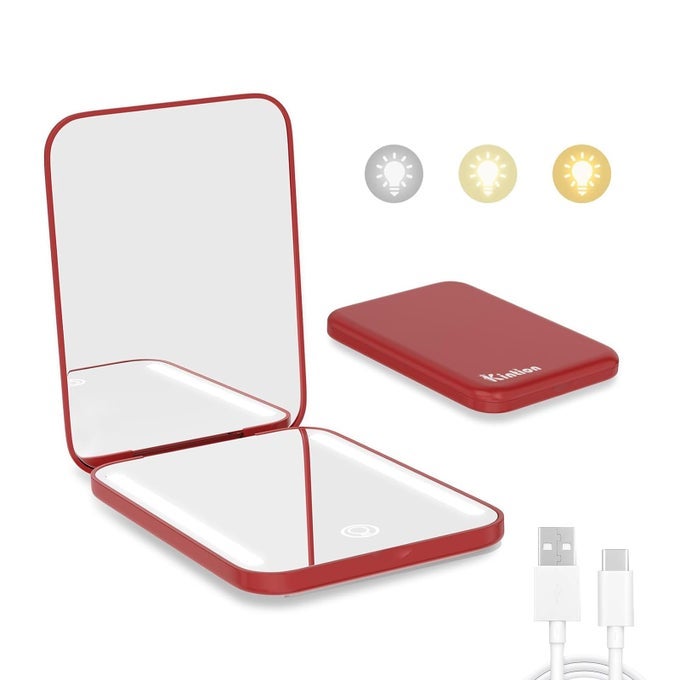 RECHARGEABLE POCKET MIRROR DOUBLE SIDED 1X3X MAGNIFICATION COMPACT VANITY MIRROR 3 COLOR LIGHTS DIMMABLE SMALL PORTABLE WALLET MIRROR LIGHTED TRAVEL MIRROR FOR WOMEN GIFTS WINE RED