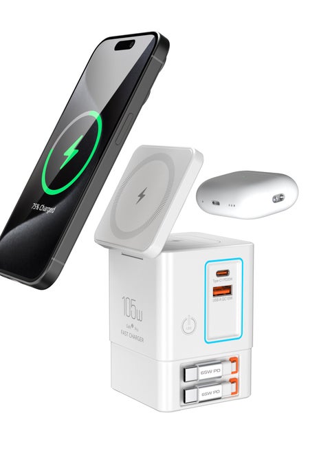 105W white  6-in-1 GaNFast™ Charging Station Total Output, 15W MagSafe Wireless Charger, PD65W Retractable Type-C Cable, PD20W Retractable Lightning Cable, PD18W USB-A Port, AirPods Wireless Charger