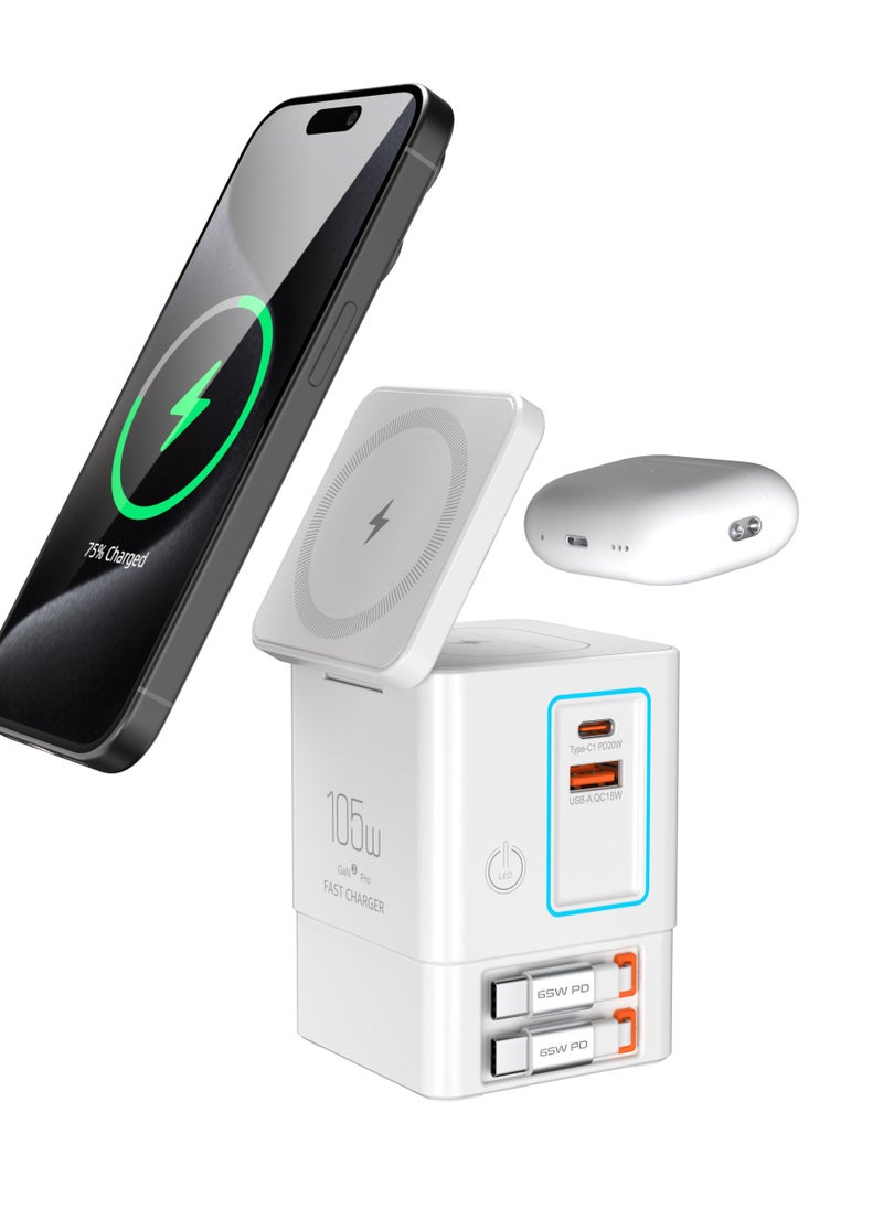 Generic - 105W white  6-in-1 GaNFast™ Charging Station Total Output, 15W MagSafe Wireless Charger, PD65W Retractable Type-C Cable, PD20W Retractable Lightning Cable, PD18W USB-A Port, AirPods Wireless Charger - Image 1