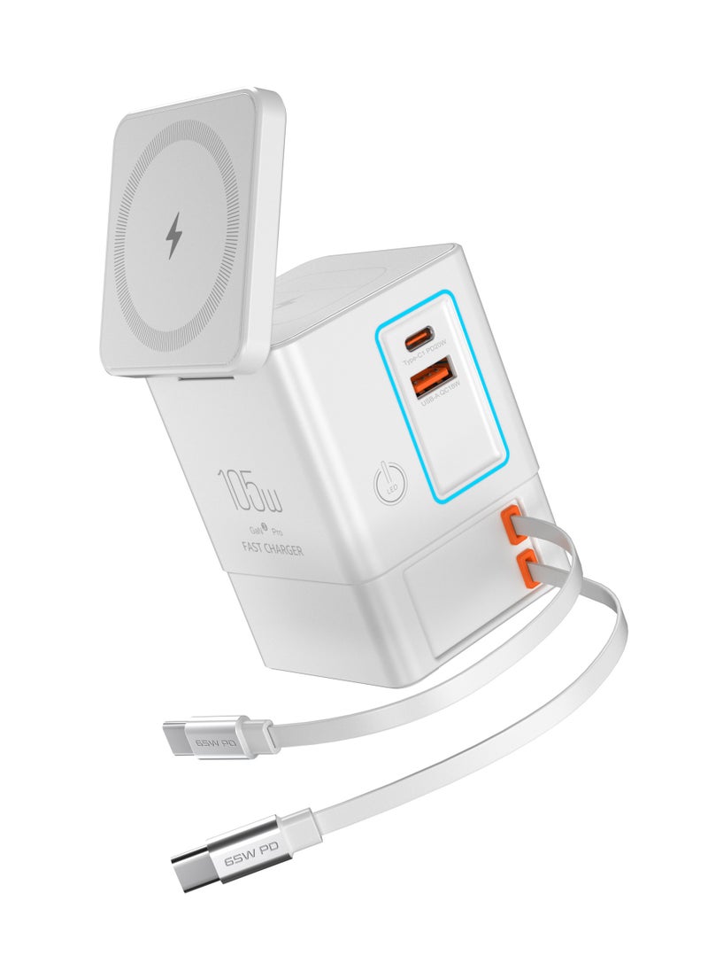 Generic - 105W white  6-in-1 GaNFast™ Charging Station Total Output, 15W MagSafe Wireless Charger, PD65W Retractable Type-C Cable, PD20W Retractable Lightning Cable, PD18W USB-A Port, AirPods Wireless Charger - Image 1