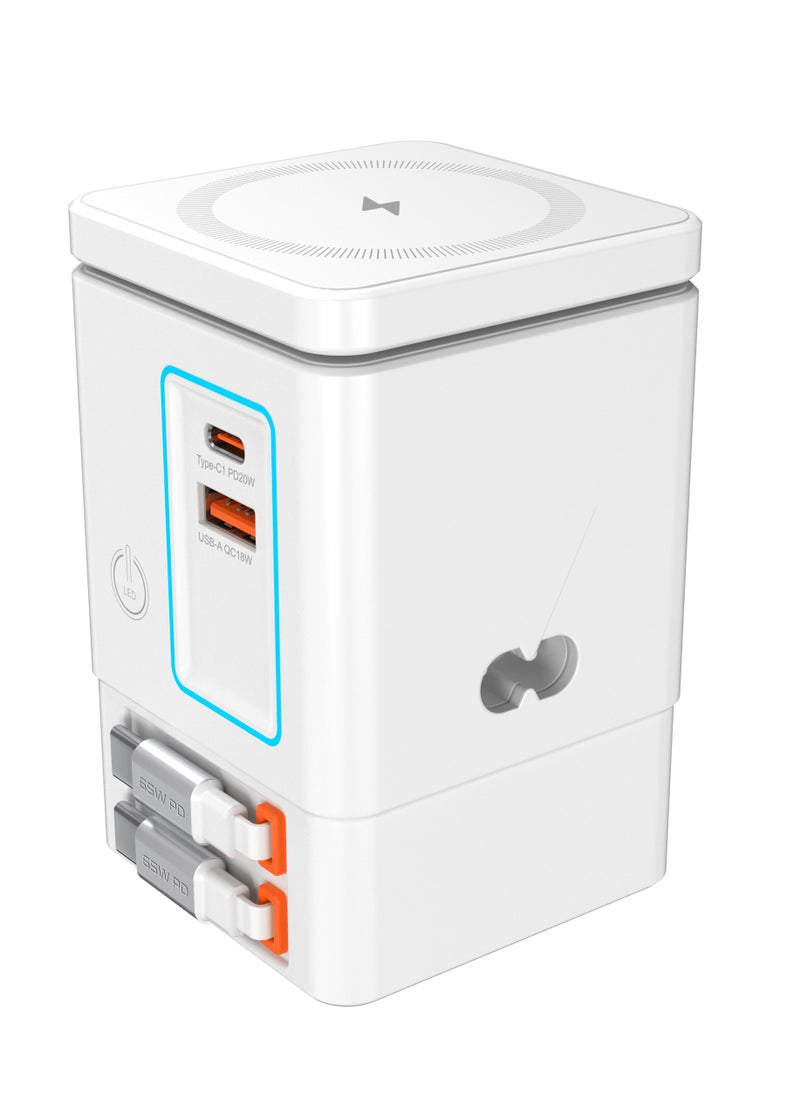 Generic - 105W white  6-in-1 GaNFast™ Charging Station Total Output, 15W MagSafe Wireless Charger, PD65W Retractable Type-C Cable, PD20W Retractable Lightning Cable, PD18W USB-A Port, AirPods Wireless Charger - Image 1