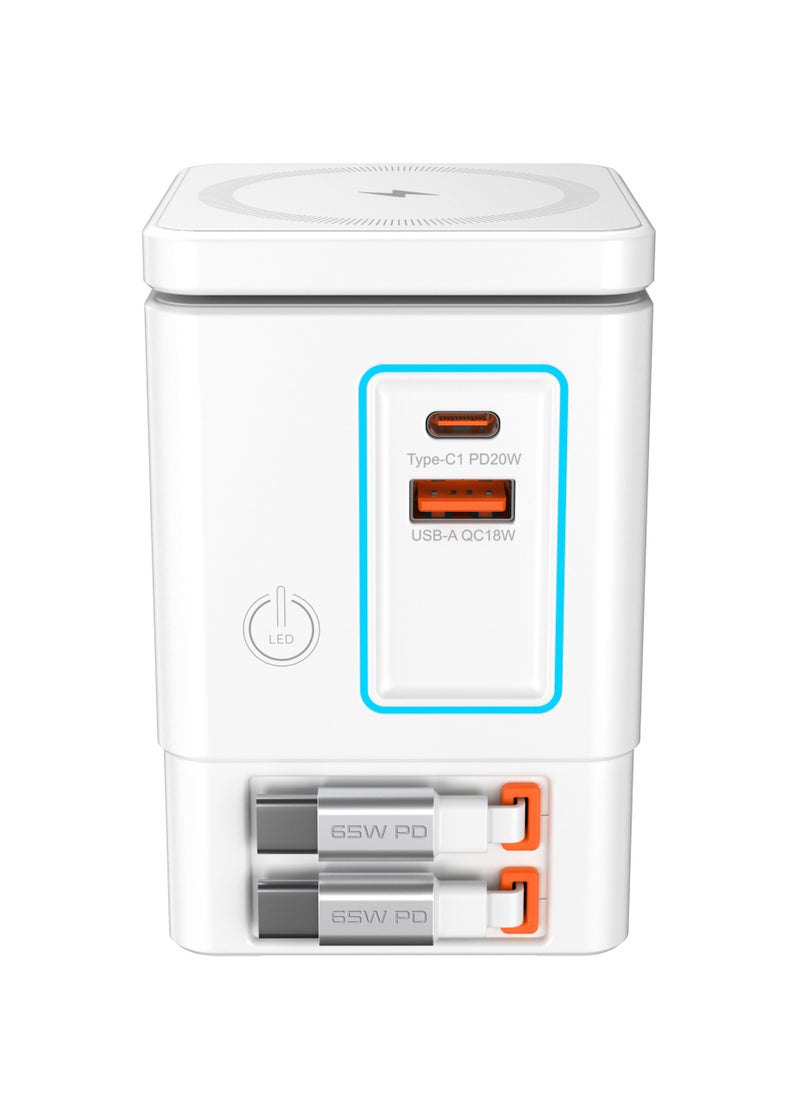Generic - 105W white  6-in-1 GaNFast™ Charging Station Total Output, 15W MagSafe Wireless Charger, PD65W Retractable Type-C Cable, PD20W Retractable Lightning Cable, PD18W USB-A Port, AirPods Wireless Charger - Image 1