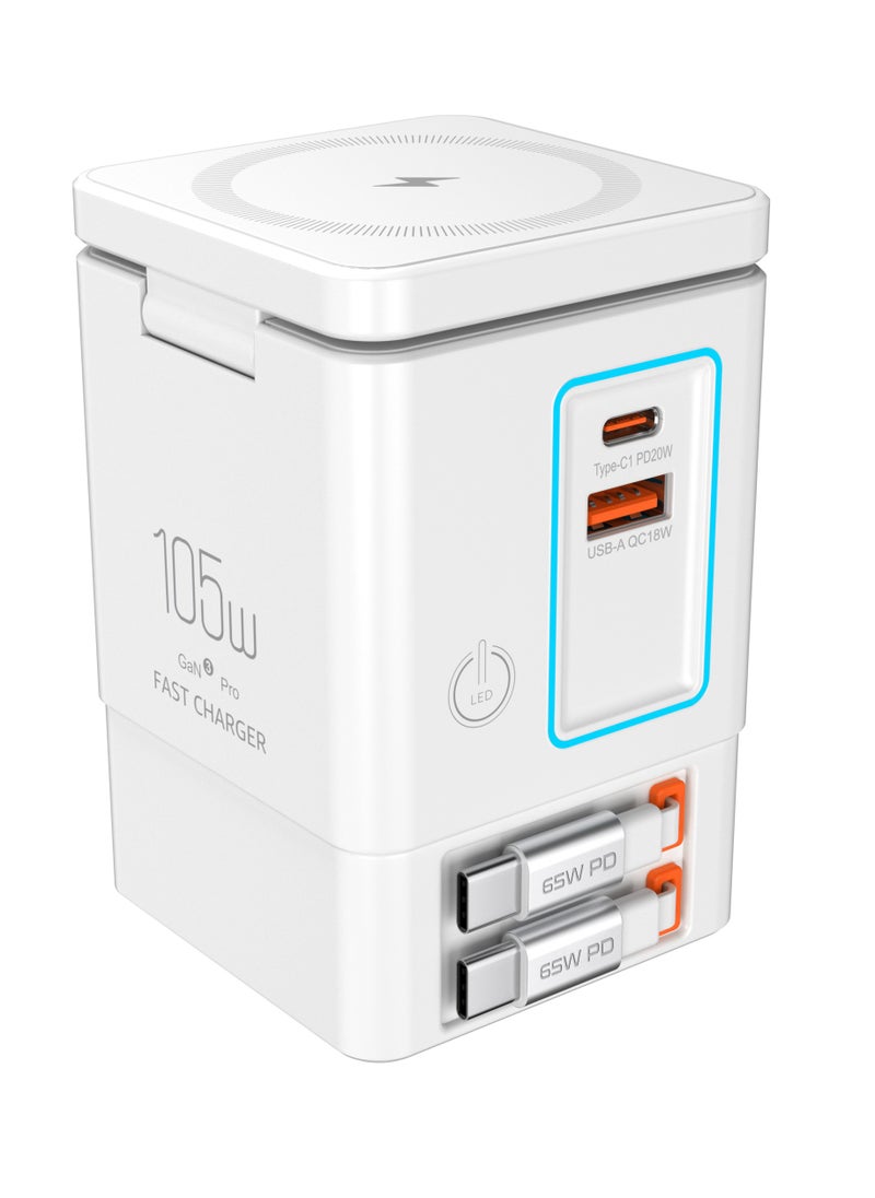 Generic - 105W white  6-in-1 GaNFast™ Charging Station Total Output, 15W MagSafe Wireless Charger, PD65W Retractable Type-C Cable, PD20W Retractable Lightning Cable, PD18W USB-A Port, AirPods Wireless Charger - Image 1
