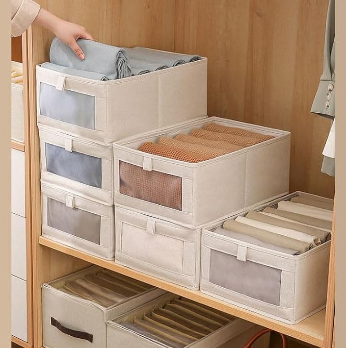 OTIPORTER Foldable Linen Closet Organizers and Storage Bins Storage Containers with Clear Window Large Storage Boxes Baskets for Organizing Clothing Jeans Toys Books Closet Wardrobe PACK OF 6 - Image 1