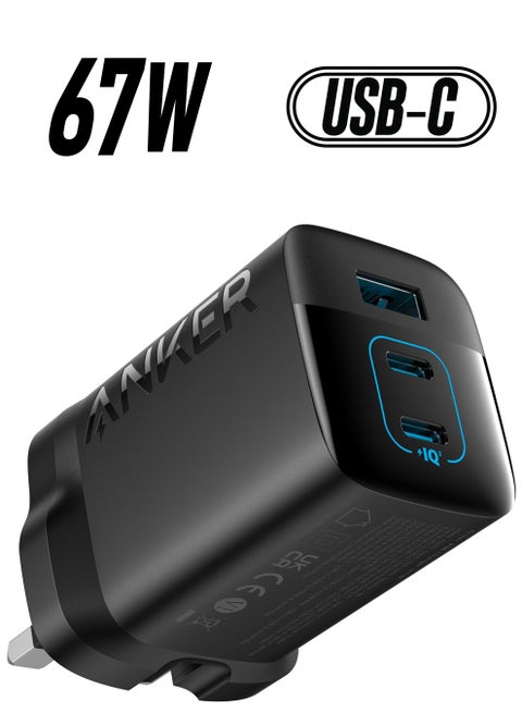 شاحن حائط بـ 3 منافذ بقدرة 67 وات باللون الأسود