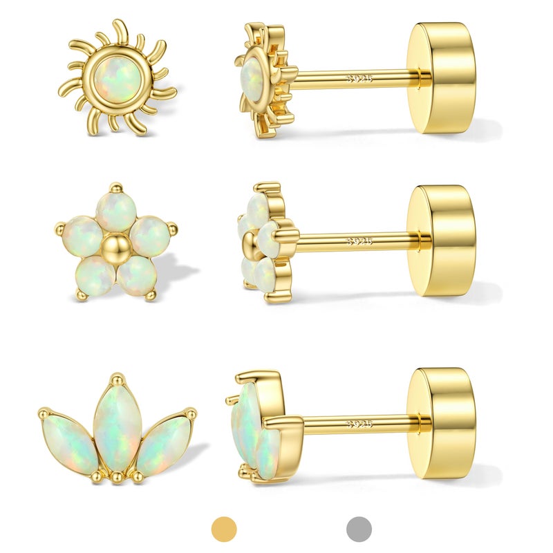 ORAZIO Gold Flat Back Stud Earrings for Women Men Sterling Silver Post Hypoallergenic Screw Back Earrings 14K Gold Cartilage Conch Helix Tragus Piercing Jewelry Dainty CZ Opal Earring Set 3 Pairs 20G S1 G1 - Image 1