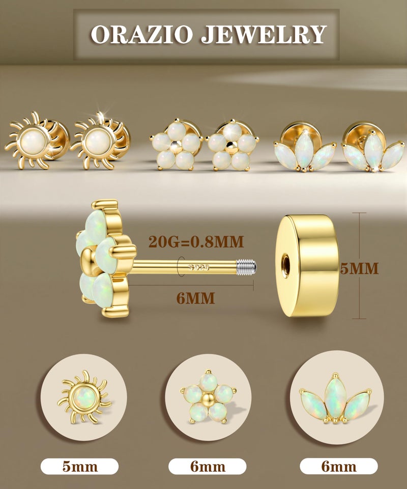 ORAZIO Gold Flat Back Stud Earrings for Women Men Sterling Silver Post Hypoallergenic Screw Back Earrings 14K Gold Cartilage Conch Helix Tragus Piercing Jewelry Dainty CZ Opal Earring Set 3 Pairs 20G S1 G1 - Image 5