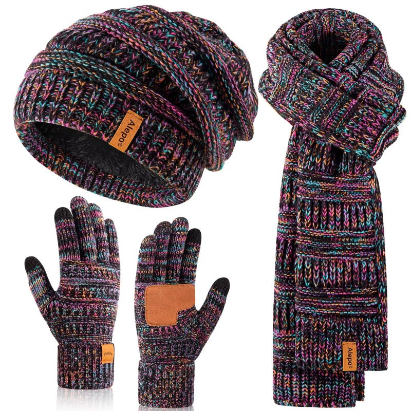 Alepo Winter Beanie Hat Scarf Gloves Set for Women, Slouchy Beanie with Fleece Lined Long Knit Scarf Touchscreen Gloves, Warm 3 in 1 Stocking Stuffers Set for Women Mom Her Cold Weather-01 - Image 1