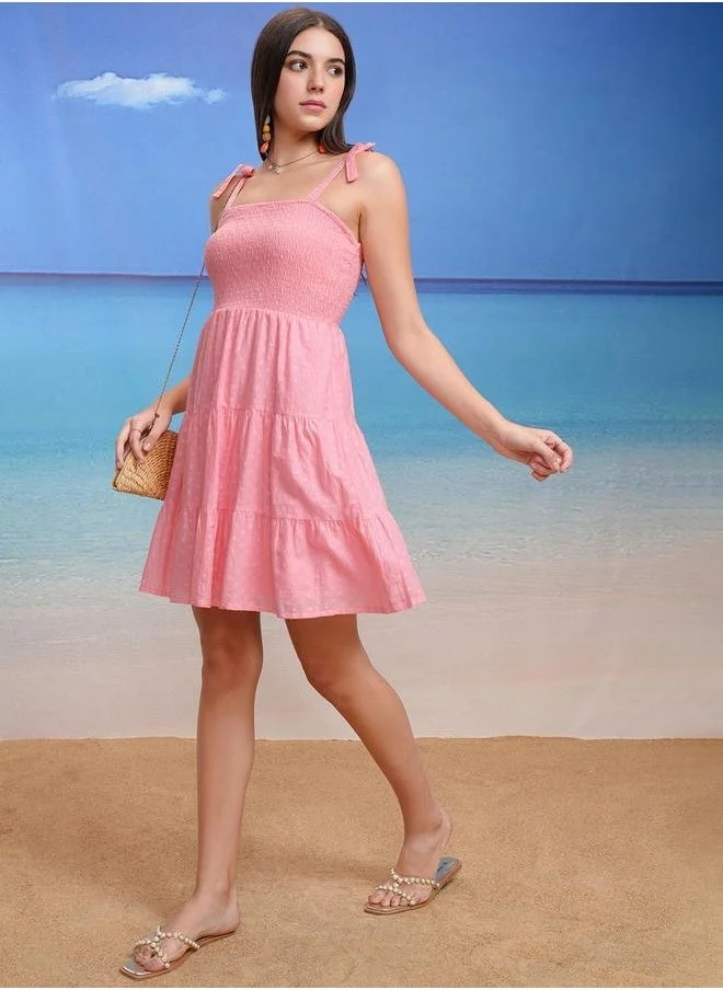 Tokyo Talkies Textured Dobby Strappy Midi Dress with Smocked Detail by Styli