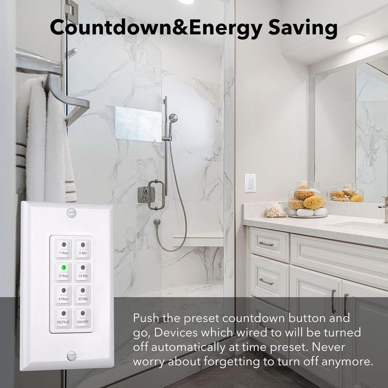 BN-LINK Countdown Digital Wall Timer Switch for Exhaust Fan with Push Button 5-15-30-60mins, 2-4hours, Bathroom Fan Light Switch Timer Indoor, Neutral Required, Wall Plate Included, White - Image 2