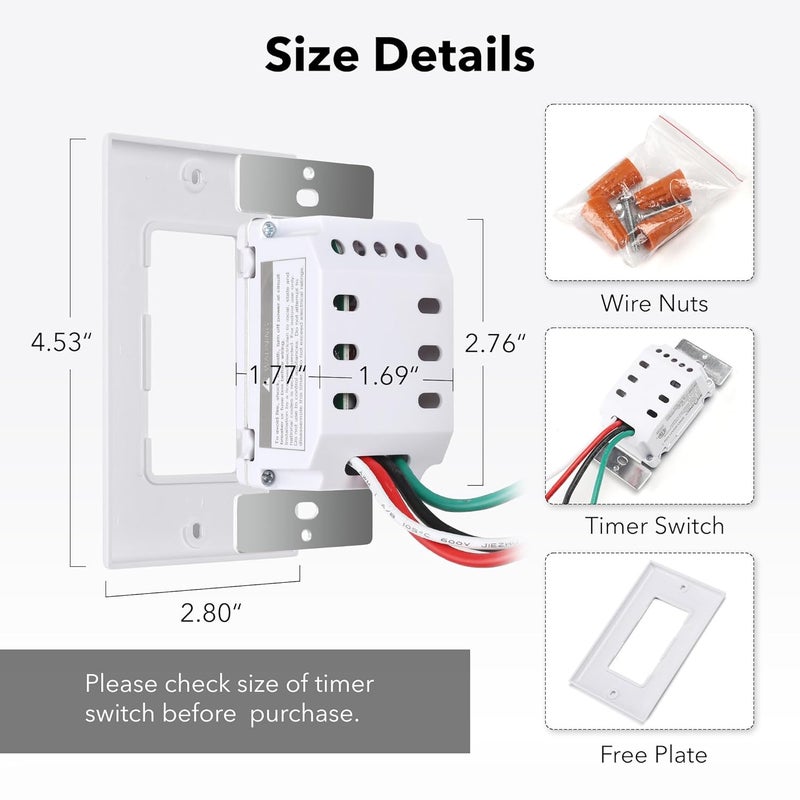 BN-LINK Countdown Digital Wall Timer Switch for Exhaust Fan with Push Button 5-15-30-60mins, 2-4hours, Bathroom Fan Light Switch Timer Indoor, Neutral Required, Wall Plate Included, White - Image 5