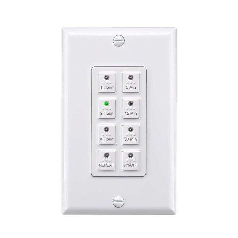 BN-LINK Countdown Digital Wall Timer Switch for Exhaust Fan with Push Button 5-15-30-60mins, 2-4hours, Bathroom Fan Light Switch Timer Indoor, Neutral Required, Wall Plate Included, White - Image 1