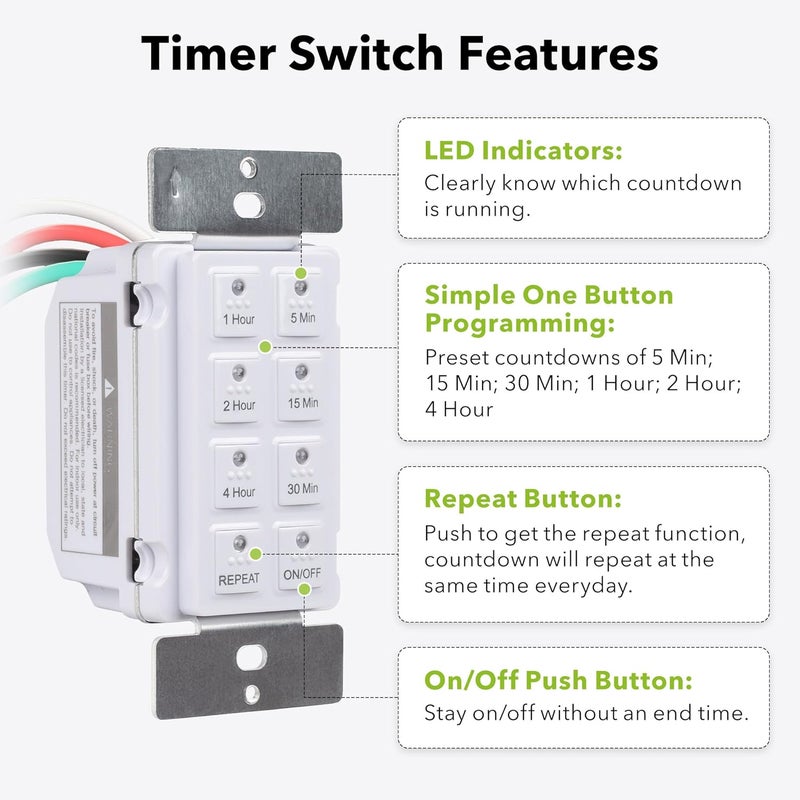BN-LINK Countdown Digital Wall Timer Switch for Exhaust Fan with Push Button 5-15-30-60mins, 2-4hours, Bathroom Fan Light Switch Timer Indoor, Neutral Required, Wall Plate Included, White - Image 4