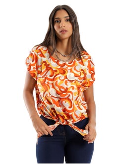97592 Self Pattern Decorative Lace Up Blouse - Orange & Off White