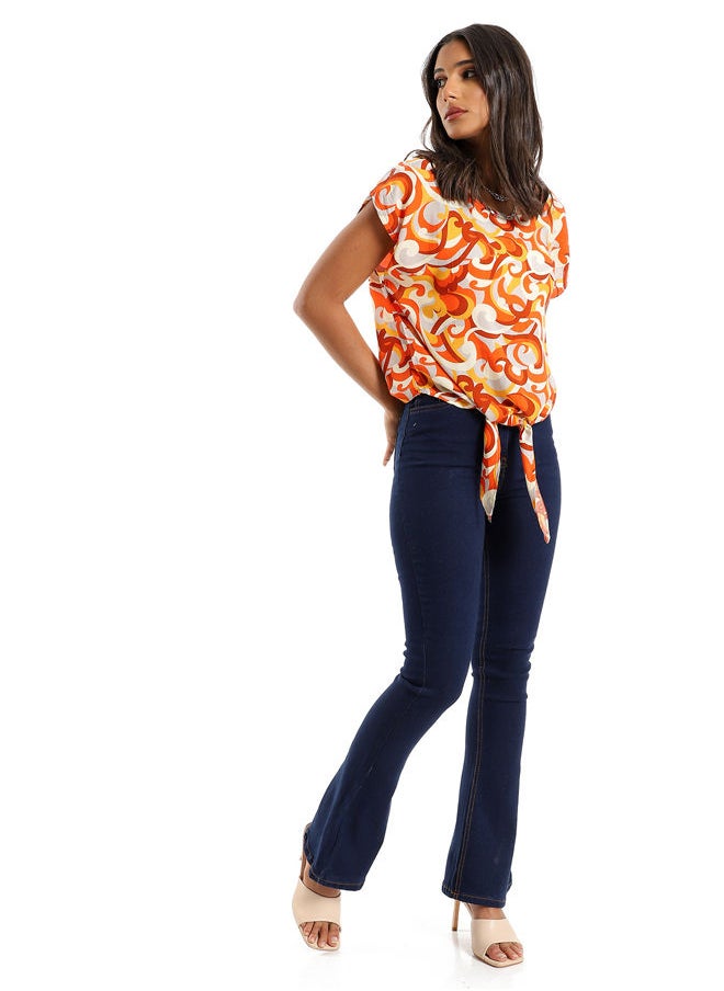 RAVIN - 97592 Self Pattern Decorative Lace Up Blouse - Orange & Off White - Image 1