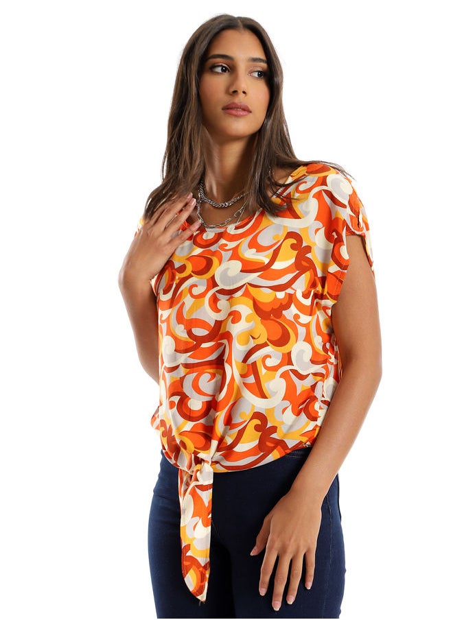 RAVIN - 97592 Self Pattern Decorative Lace Up Blouse - Orange & Off White - Image 1