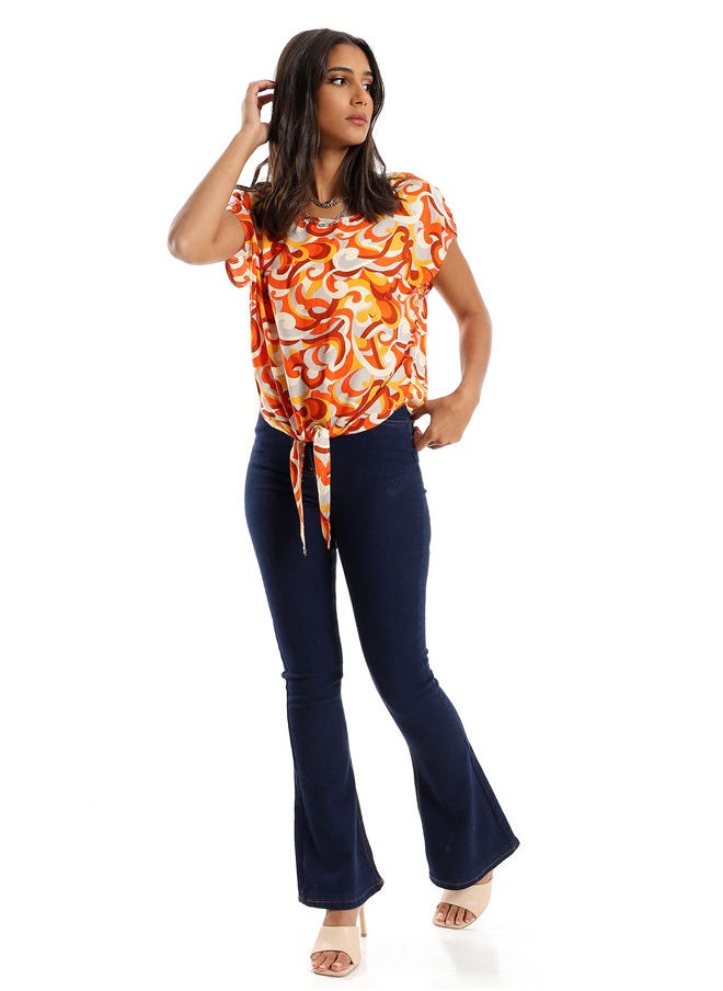 RAVIN - 97592 Self Pattern Decorative Lace Up Blouse - Orange & Off White - Image 1