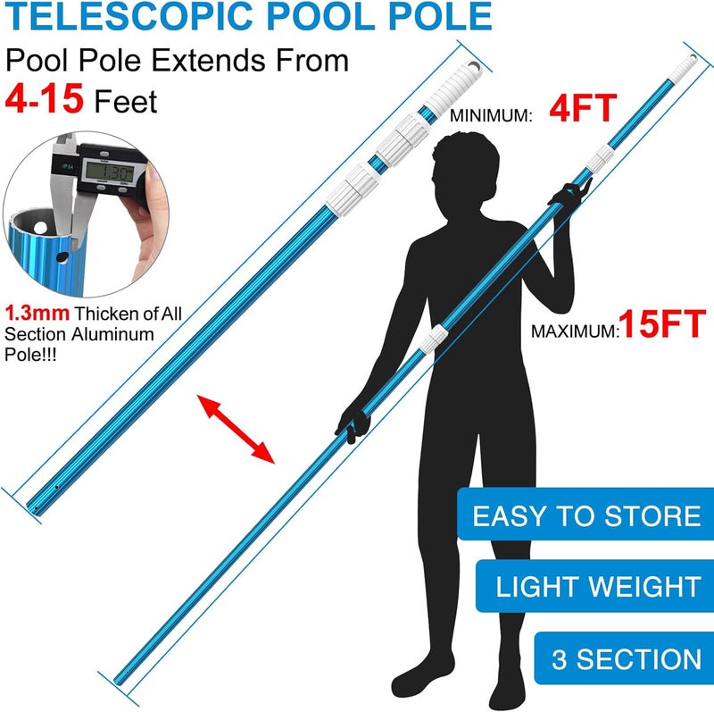 CKE Upgraded 15 Feet Thicken 1.3mm Blue Aluminum Telescoping Swimming Pool Pole,Adjustable 3 Piece Expandable Step-Up,Attach Connect Skimmer Nets,Rakes,Brushes,Vacuum Heads with Hoses, Universal 1.25" - Image 2