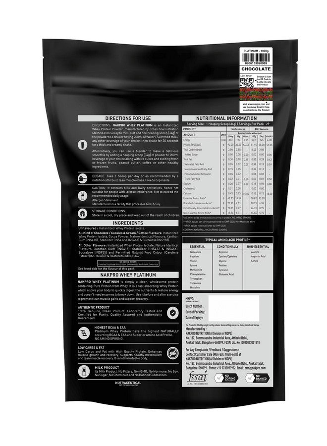 NAKPRO Platinum Whey Protein Isolate 1kg Chocolate | 28g Protein, 6.4g BCAA | Trustified Certified 100% Authentic Supplement Powder & No Adulteration | Low Carbs, Fast Absorbing Whey Protein Powder - Image 2