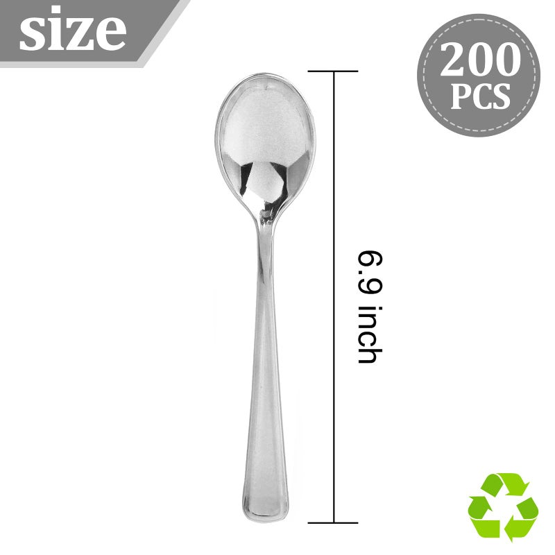 Liacere 200PCS Silver Plastic Spoons - Heavy Duty Silver Disposable Spoons - Silver dessert Spoons for Wedding & Party & New Year & Valentine's Day - Image 1