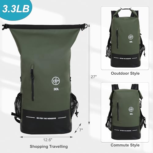UPWELL Waterproof Dry Bag 30L Boating Backpack for Travel Hiking Camping Bags for Kayaking Hiking Waterproof Bags Swimming Floating Submersible Dry Bag Green - Image 2