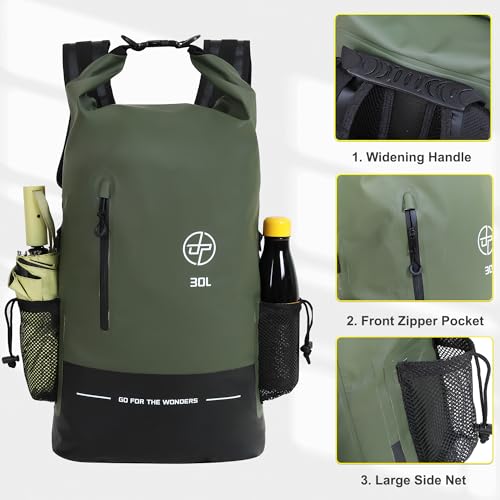 UPWELL Waterproof Dry Bag 30L Boating Backpack for Travel Hiking Camping Bags for Kayaking Hiking Waterproof Bags Swimming Floating Submersible Dry Bag Green - Image 3