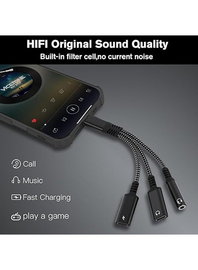 1 في 3 USB C إلى Type-C شحن وسماعات رأس من النوع C بالإضافة إلى سماعات رأس 3.5 ملم PD 60W محول شحن ، متوافق مع GalaxyS22 و iPad Pro و Pixel و iPhone 16 15 وما إلى ذلك (أسود) - Image 3