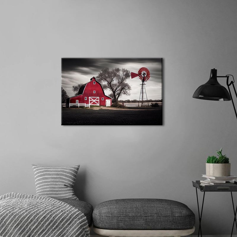 sunfrower Farmhouse Red Barn Wall Art Windmill Wall Decor Vintage Country Nature Landscape Canvas Pictures for Living Room Black White Old Farm House Poster Artwork Kitchen Bedroom Office Home Decorations 12x16" - Image 5