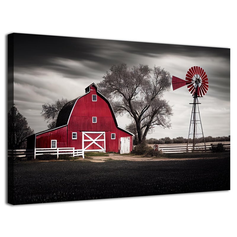 sunfrower Farmhouse Red Barn Wall Art Windmill Wall Decor Vintage Country Nature Landscape Canvas Pictures for Living Room Black White Old Farm House Poster Artwork Kitchen Bedroom Office Home Decorations 12x16" - Image 1