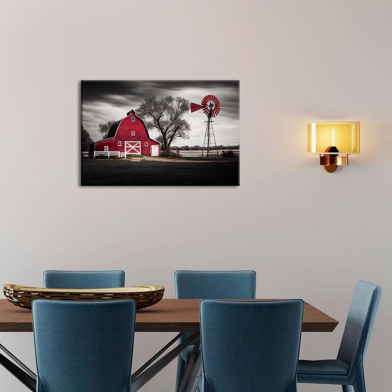sunfrower Farmhouse Red Barn Wall Art Windmill Wall Decor Vintage Country Nature Landscape Canvas Pictures for Living Room Black White Old Farm House Poster Artwork Kitchen Bedroom Office Home Decorations 12x16" - Image 2