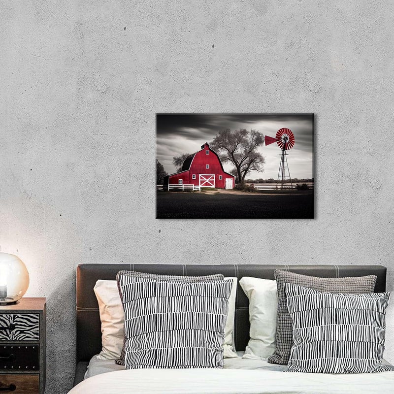 sunfrower Farmhouse Red Barn Wall Art Windmill Wall Decor Vintage Country Nature Landscape Canvas Pictures for Living Room Black White Old Farm House Poster Artwork Kitchen Bedroom Office Home Decorations 12x16" - Image 4