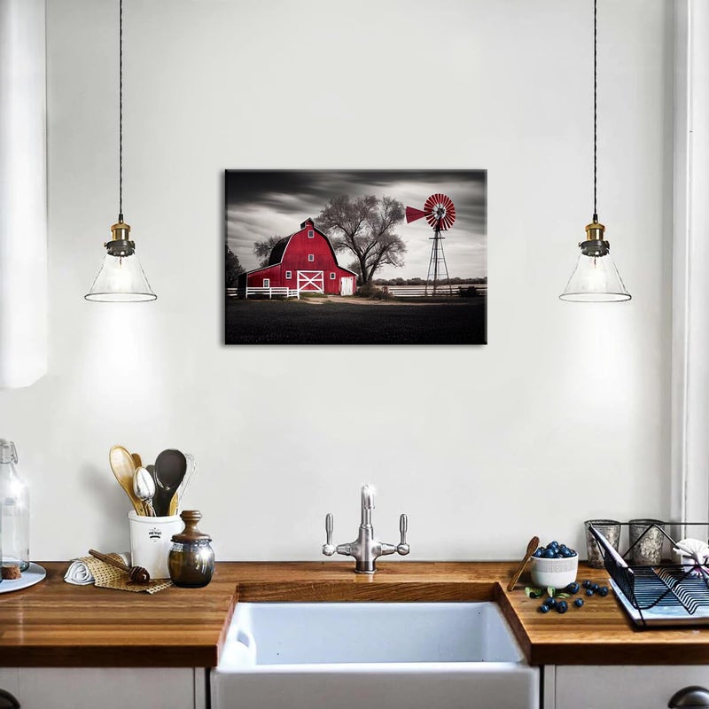 sunfrower Farmhouse Red Barn Wall Art Windmill Wall Decor Vintage Country Nature Landscape Canvas Pictures for Living Room Black White Old Farm House Poster Artwork Kitchen Bedroom Office Home Decorations 12x16" - Image 3