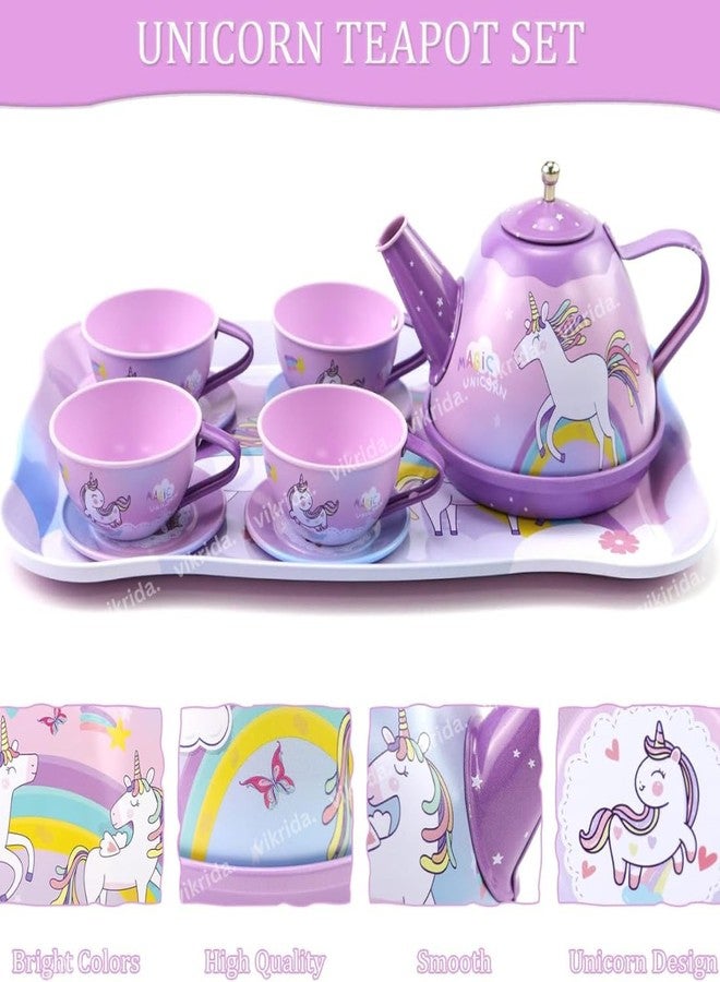 Vikrida 48Pcs Tea Set, Kids Pretend Toy Tin Tea Set and Carrying Case,Rainbow Magic Unicorn Design for Girls Princess Boys 3-6 - Image 2