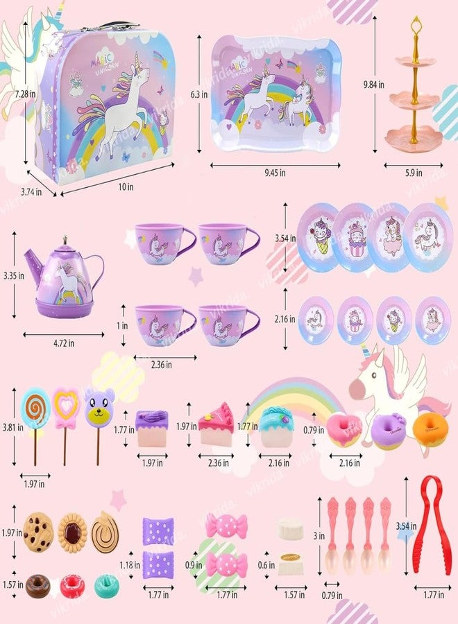 Vikrida 48Pcs Tea Set, Kids Pretend Toy Tin Tea Set and Carrying Case,Rainbow Magic Unicorn Design for Girls Princess Boys 3-6 - Image 3