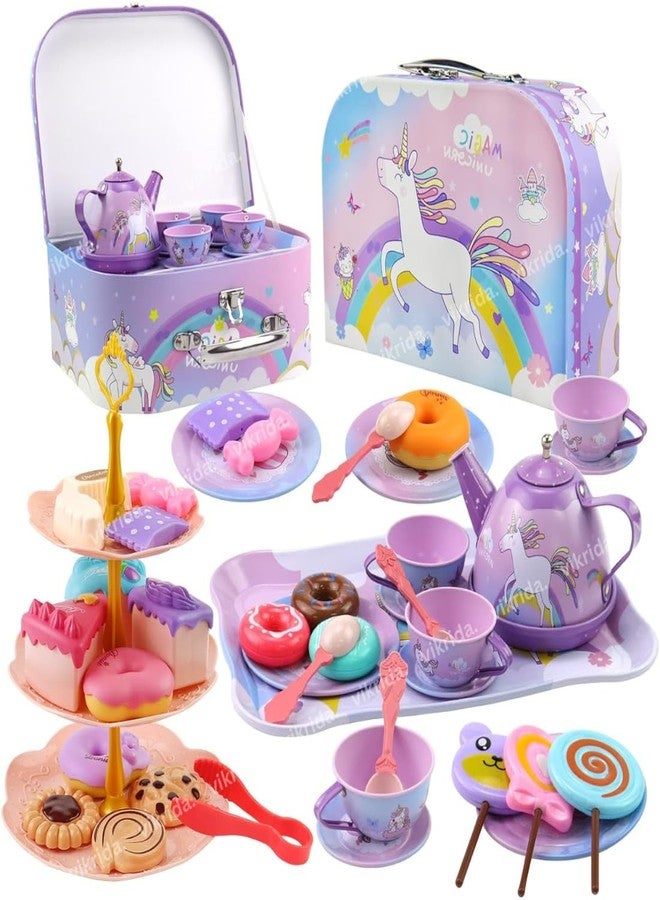 Vikrida 48Pcs Tea Set, Kids Pretend Toy Tin Tea Set and Carrying Case,Rainbow Magic Unicorn Design for Girls Princess Boys 3-6 - Image 1