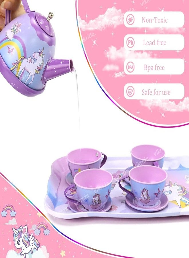Vikrida 48Pcs Tea Set, Kids Pretend Toy Tin Tea Set and Carrying Case,Rainbow Magic Unicorn Design for Girls Princess Boys 3-6 - Image 4