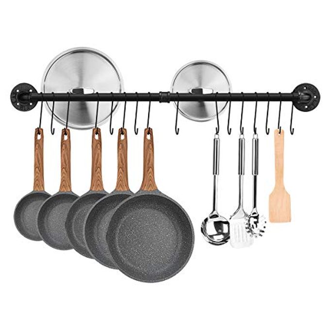 TopLife 39.4 inch Pot Rack, Kitchen Wall Mounted Detachable Pan Lid Utensils Organizer Hanging Rail with 16 Hooks, Black - Image 4