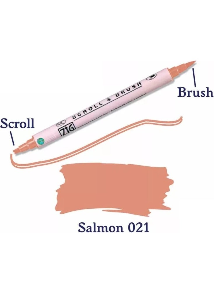 Zig 021 Scroll & Brush Double Line and Brush Tip Calligraphy Pen Salmon 