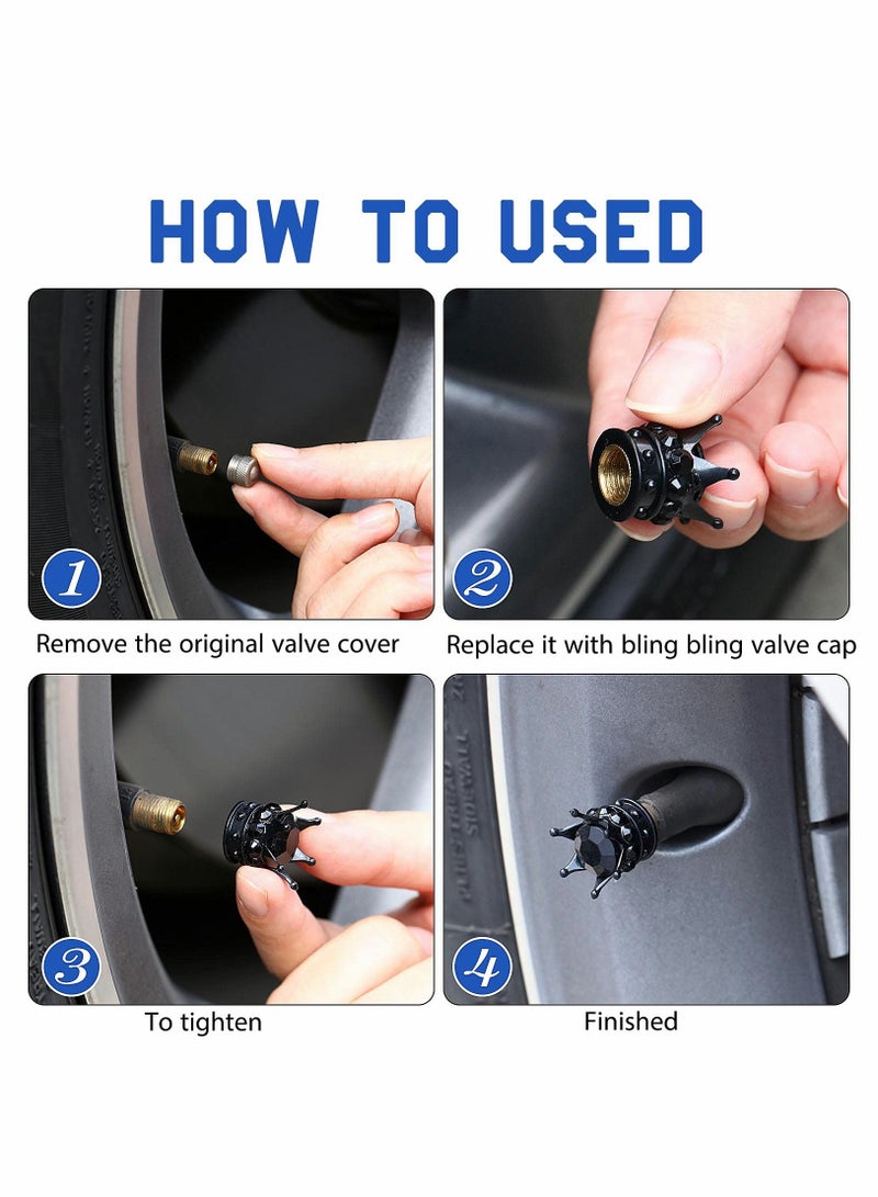 4 Pcs Black Crown Tire Valve Stem Caps - Bling Sparkling Acrylic Dustproof Universal Car Valve Caps for Enhanced Style and Protection - Image 4