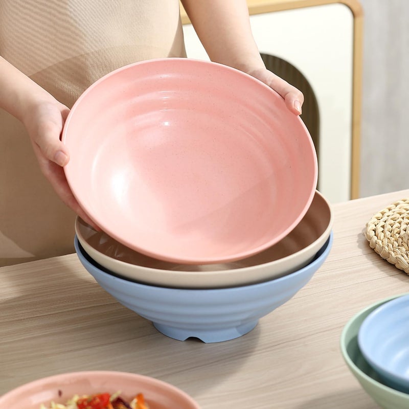 P-Plus International Wheat Straw Large Salad Soup Ramen Serving Bowls Japanese Ramen Noodle Bowls Super Big Bowl Sets for Udon, Pho, Pasta Microwavable, Dishwasher Safe (1500ml+1900ml, Blue, Set of 6) - Image 3