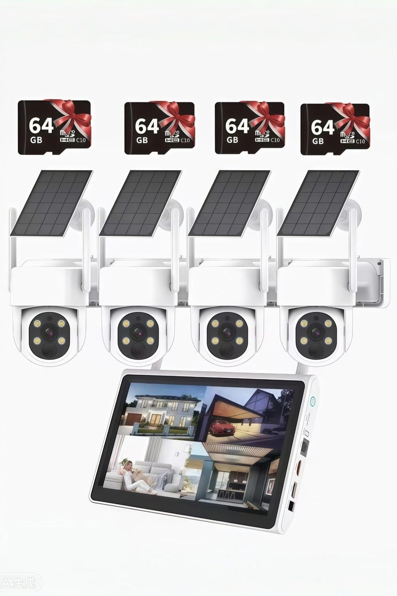Generic 4K 8MP Security Cameras Outdoor Wireless, 4 Cam-Kit, 7-inch LCD display，No Subscription, Solar-Powered, Home Security Cameras System with 350° Pan & Tilt, Auto Tracking,  Color Night Vision, 5G & 2.4G WiFi（With 4 64GB memory cards） - Image 1