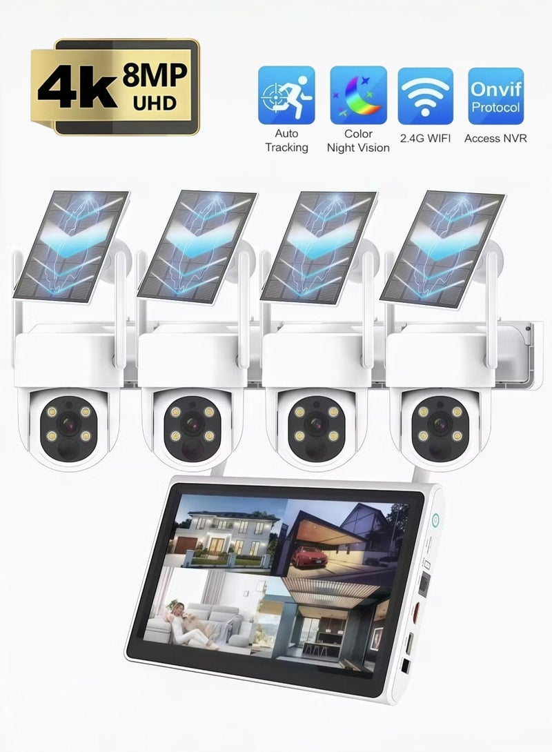 4K 8MP Security Cameras Outdoor Wireless, 4 Cam-Kit, 7-inch LCD display，No Subscription, Solar-Powered, Home Security Cameras System with 350° Pan & Tilt, Auto Tracking,  Color Night Vision, 5G & 2.4G WiFi（NVR with built-in 500GB massive storage） - Image 1