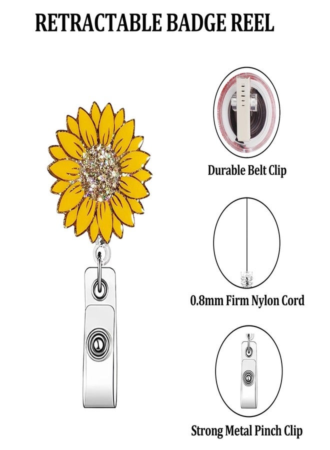 ASABITE Yellow Sunflower Badge Reel Cute Badge Reels Retractable Spring Summer Flower Badge Clip Glitter ID Badge Holder with Retractable Clip, Cute Funny ID Badge Reel for Nurse Doctor Teacher Office Worker - Image 3