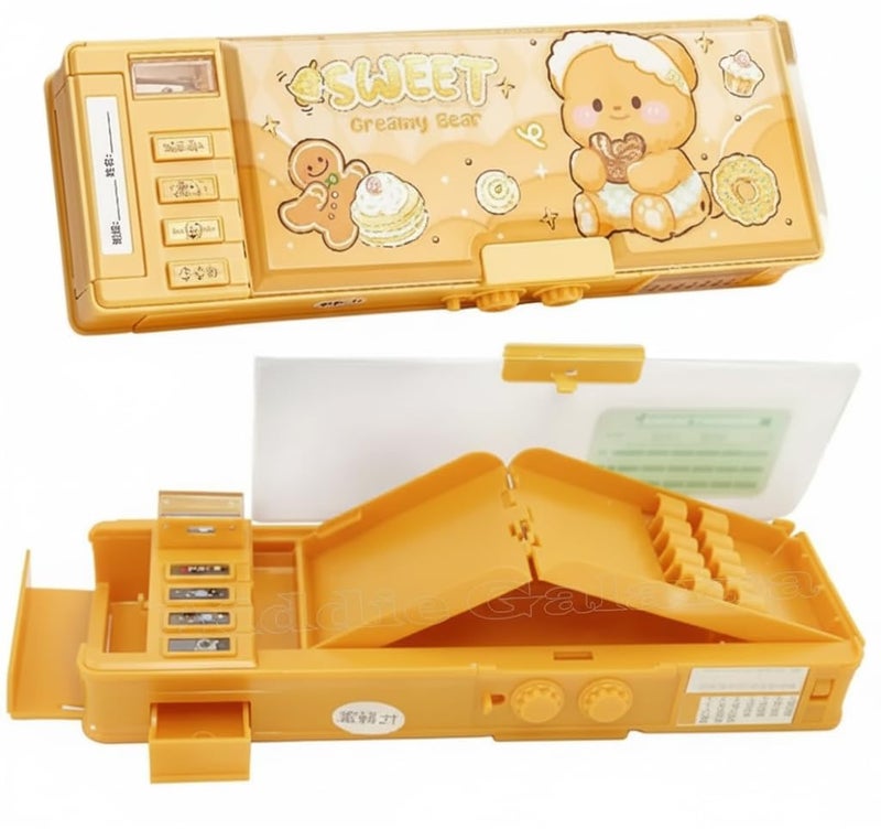Royals hub Stylish Geometry Password Lock Compass Box, Multifunctional Double Sided Compass Box for Kids, Creamy Bear Theme School Return Gifts (Vibrant Cartoon Theme) - Image 1