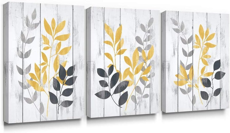 SUMGAR Yellow Wall Art Leaf Flower Canvas Pictures Grey and Mustard Olive Leaves Rustic Print Plant Painting Artwork Wall Decor for Bathroom Bedroom 30x40cm, 3 Panels - Image 1